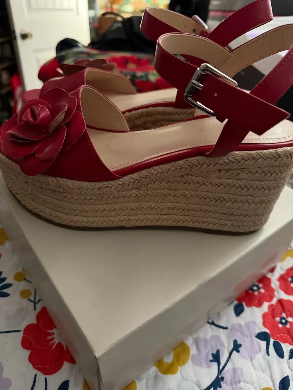 Marc Fisher Red Floral Leather Espadrille Wedges